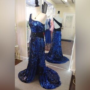 Off shoulder royal blue black sequin prom gown, homecoming dress, pageant, train